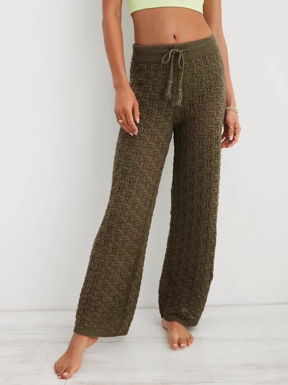 Aerie NWT Crochet Coverup Pant Washed Olive Green Small Swim Beach Loungewear